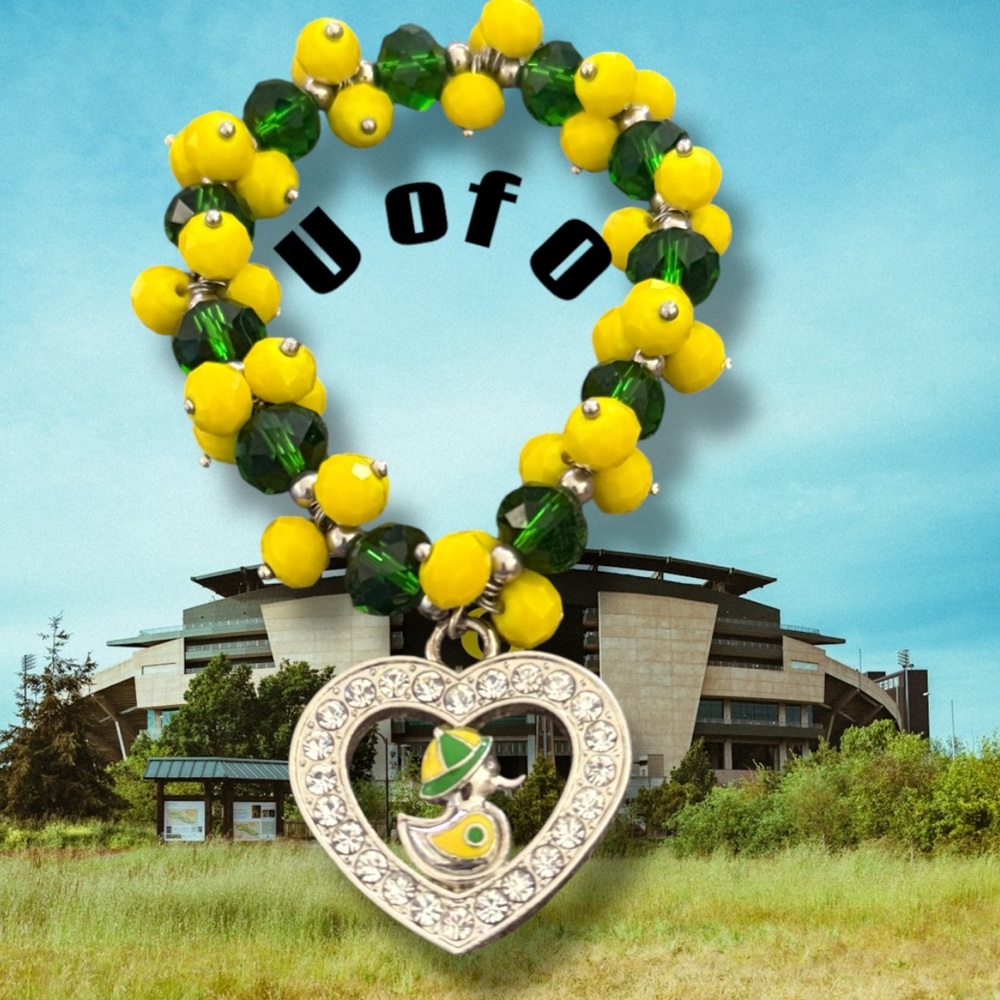 New Women’s Bracelet, U of O Heart Crystal Charm, Unisex, university of Oregon